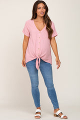 Pink Swiss Dot Button Tie Front Maternity Top