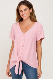 Pink Swiss Dot Button Tie Front Top