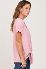 Pink Swiss Dot Button Tie Front Top