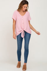 Pink Swiss Dot Button Tie Front Top