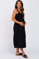 Black Smocked Ruffle Strap Maternity Midi Dress