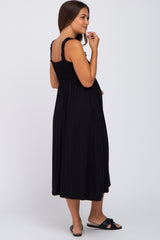 Black Smocked Ruffle Strap Maternity Midi Dress