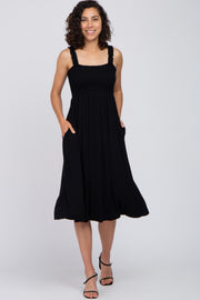 Black Smocked Ruffle Strap Midi Dress