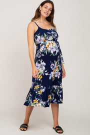 Navy Floral Sleeveless Ruffle Hem Maternity Midi Dress