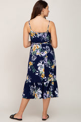 Navy Floral Sleeveless Ruffle Hem Maternity Midi Dress