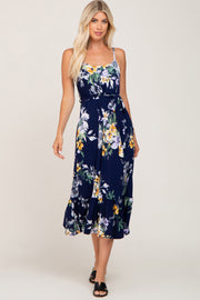 Navy Floral Sleeveless Ruffle Hem Midi Dress