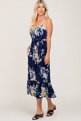 Navy Floral Sleeveless Ruffle Hem Midi Dress