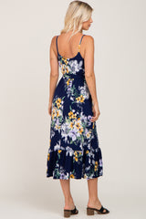 Navy Floral Sleeveless Ruffle Hem Midi Dress