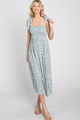 Light Blue Floral Smocked Tie Strap Midi Dress