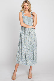 Light Blue Floral Smocked Tie Strap Midi Dress