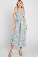 Light Blue Floral Smocked Tie Strap Midi Dress