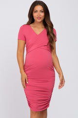 Dark Pink Crossover Maternity/Nursing Fitted Dress