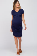 Navy Blue Crossover Maternity/Nursing Fitted Dress