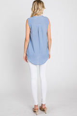 Blue Sleeveless Split V-Neck Top