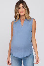 Blue Sleeveless Split V-Neck Maternity Top