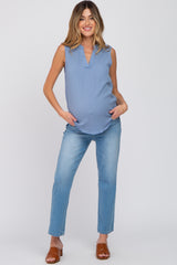 Blue Sleeveless Split V-Neck Maternity Top