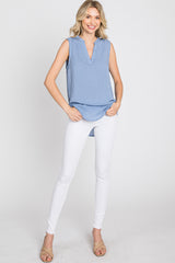 Blue Sleeveless Split V-Neck Top