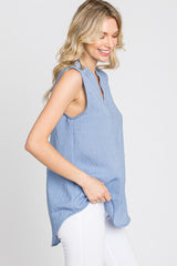 Blue Sleeveless Split V-Neck Top