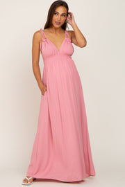 Pink Shoulder Tie Open Back Maternity Maxi Dress