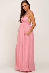 Pink Shoulder Tie Open Back Maternity Maxi Dress