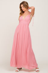 Pink Shoulder Tie Open Back Maternity Maxi Dress