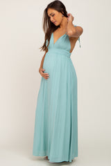 Mint Green Shoulder Tie Open Back Maternity Maxi Dress