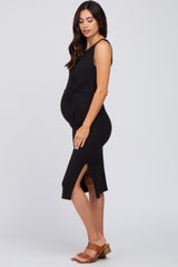 Black Ribbed Sleeveless Gathered Maternity Dress