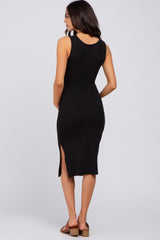 Black Ribbed Sleeveless Gathered Maternity Dress