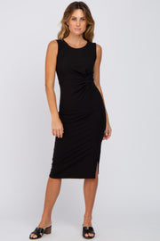 Black Ribbed Sleeveless Gathered Dress