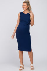 Navy Ribbed Sleeveless Gathered Maternity Dress