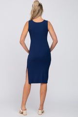 Navy Ribbed Sleeveless Gathered Maternity Dress