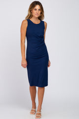 Navy Ribbed Sleeveless Gathered Dress