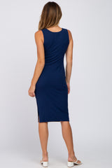 Navy Ribbed Sleeveless Gathered Dress