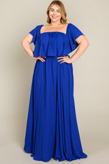 Royal Blue  Chiffon Off Shoulder Plus Gown