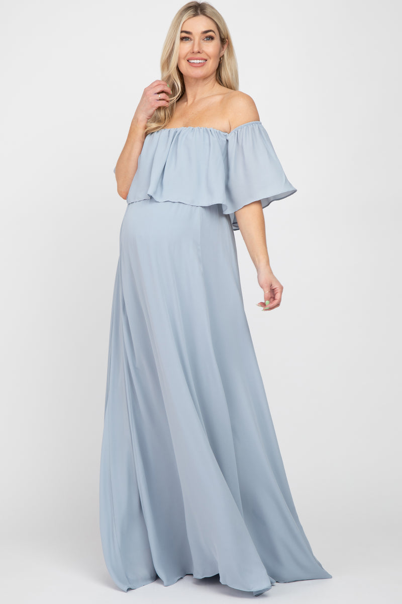 Light Blue Chiffon Off Shoulder Maternity Gown – PinkBlush