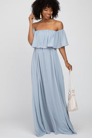 Light Blue Chiffon Off Shoulder Gown