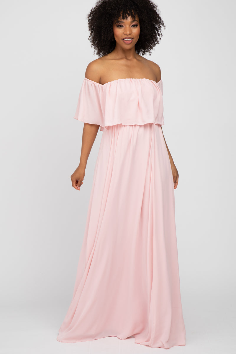 Light Pink Chiffon Off Shoulder Gown – PinkBlush