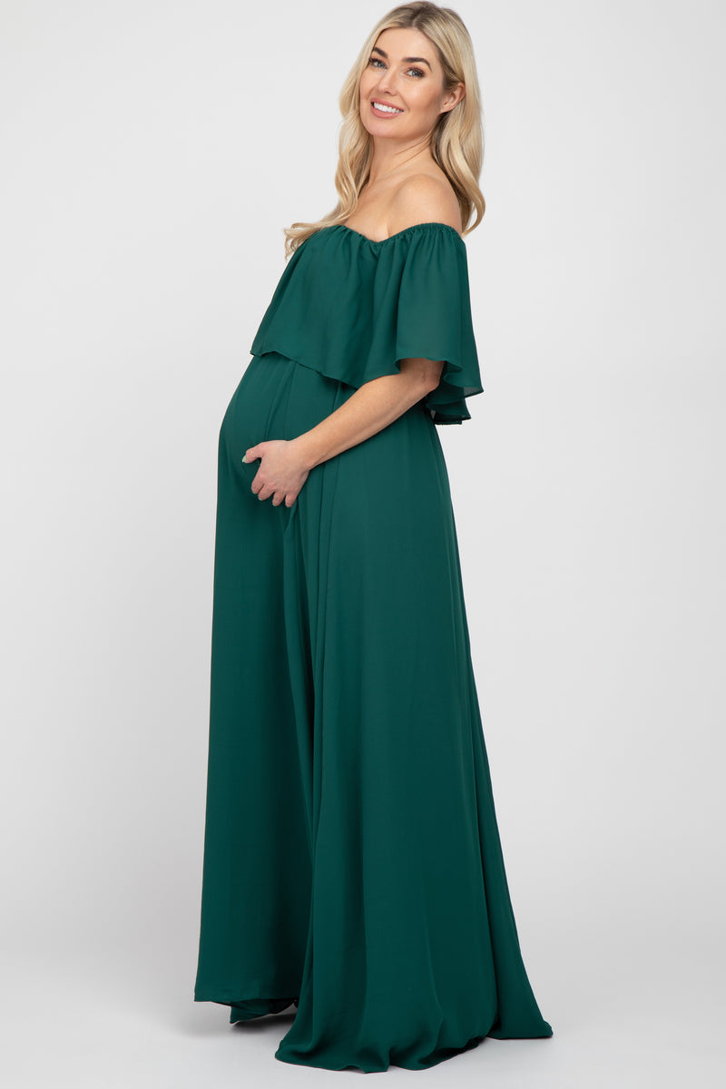 Forest Green Chiffon Off Shoulder Maternity Gown– PinkBlush
