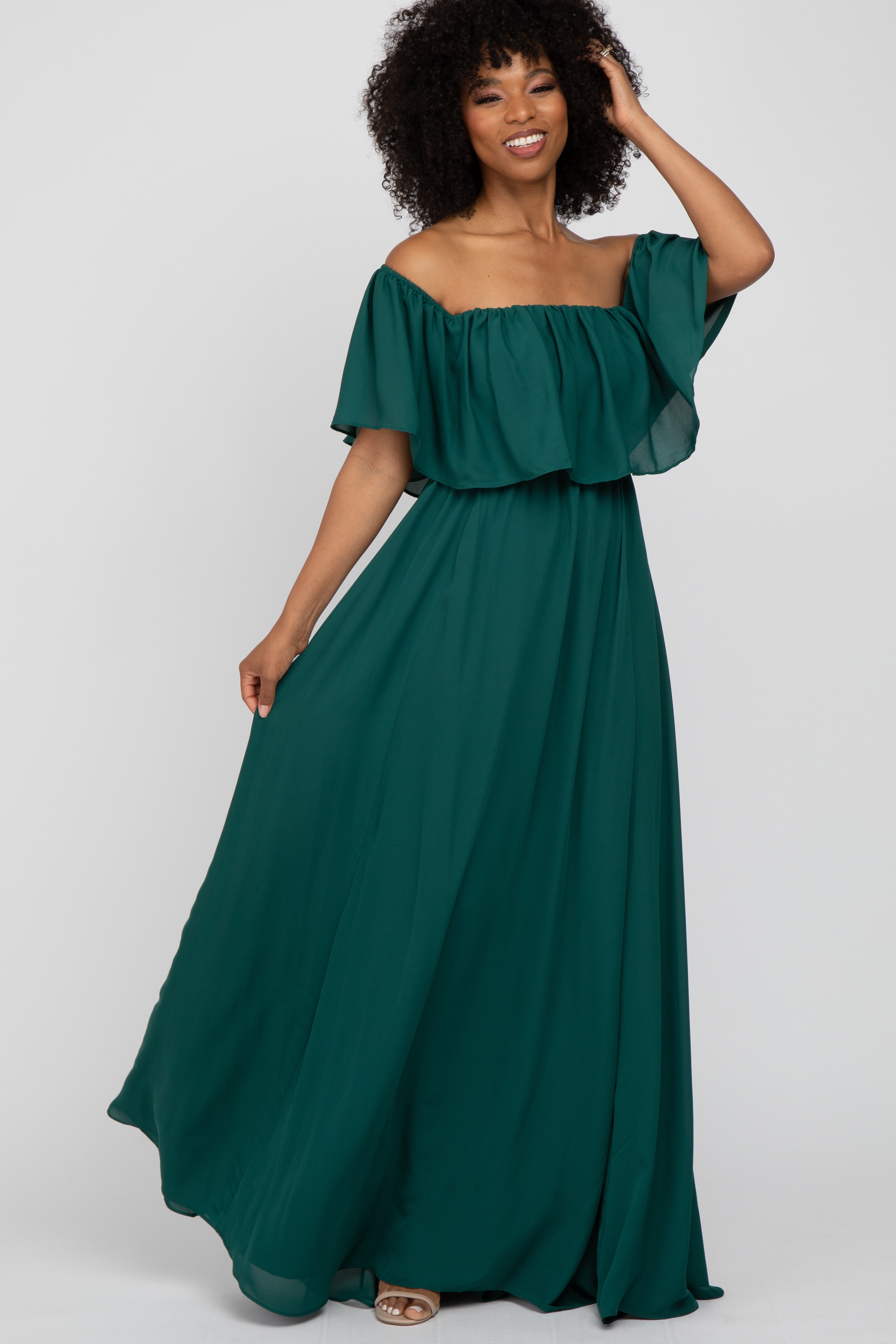 PinkBlush Forest Green Cold Shoulder Ruffle Detail High Neck Fitted Ma