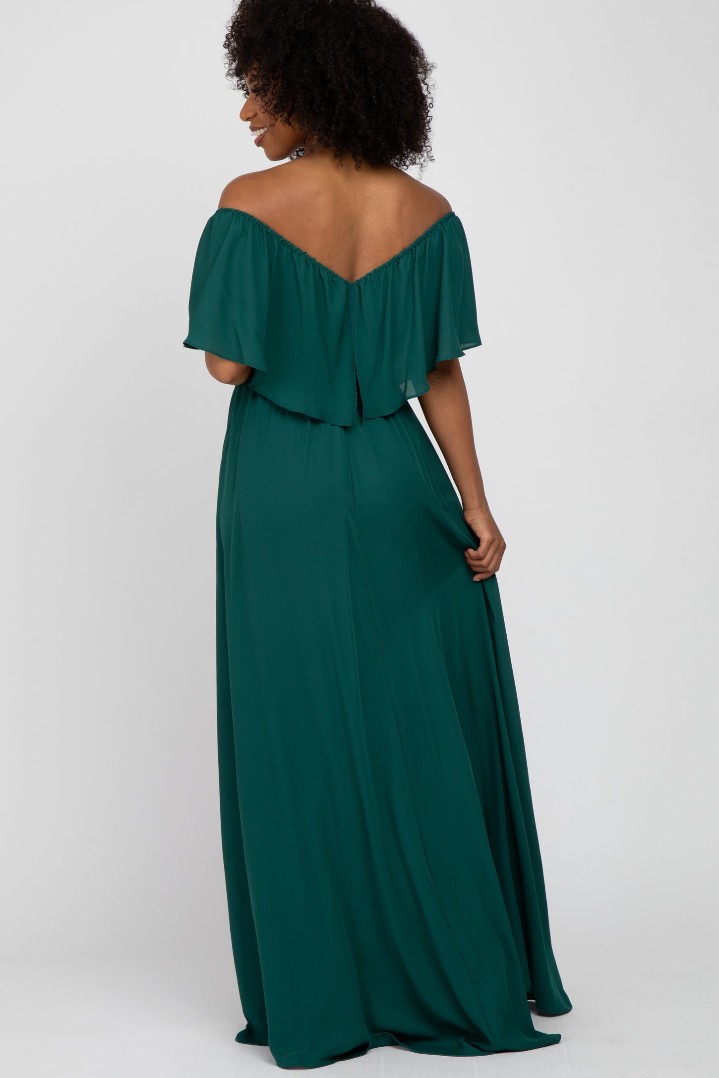 Forest Green Chiffon Off Shoulder Gown– PinkBlush
