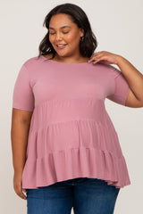 Mauve Tiered Maternity Plus Short Sleeve Top