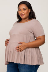 Taupe Tiered Maternity Plus Short Sleeve Top