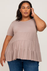 Taupe Tiered Maternity Plus Short Sleeve Top