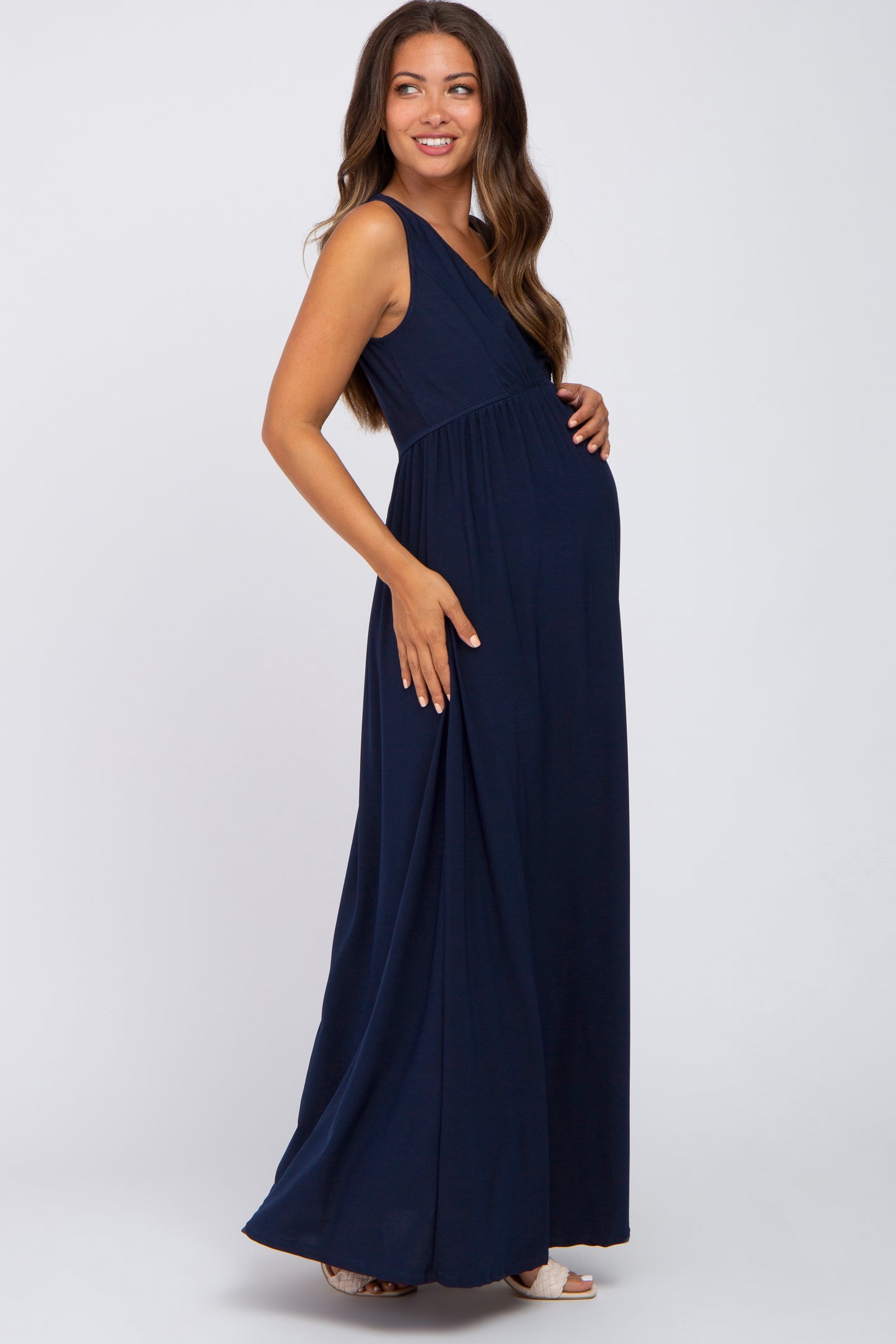 Navy Blue V-Neck Sleeveless Maternity Maxi Dress – PinkBlush