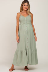 Light Olive Smocked Button Front Maternity Maxi Dress