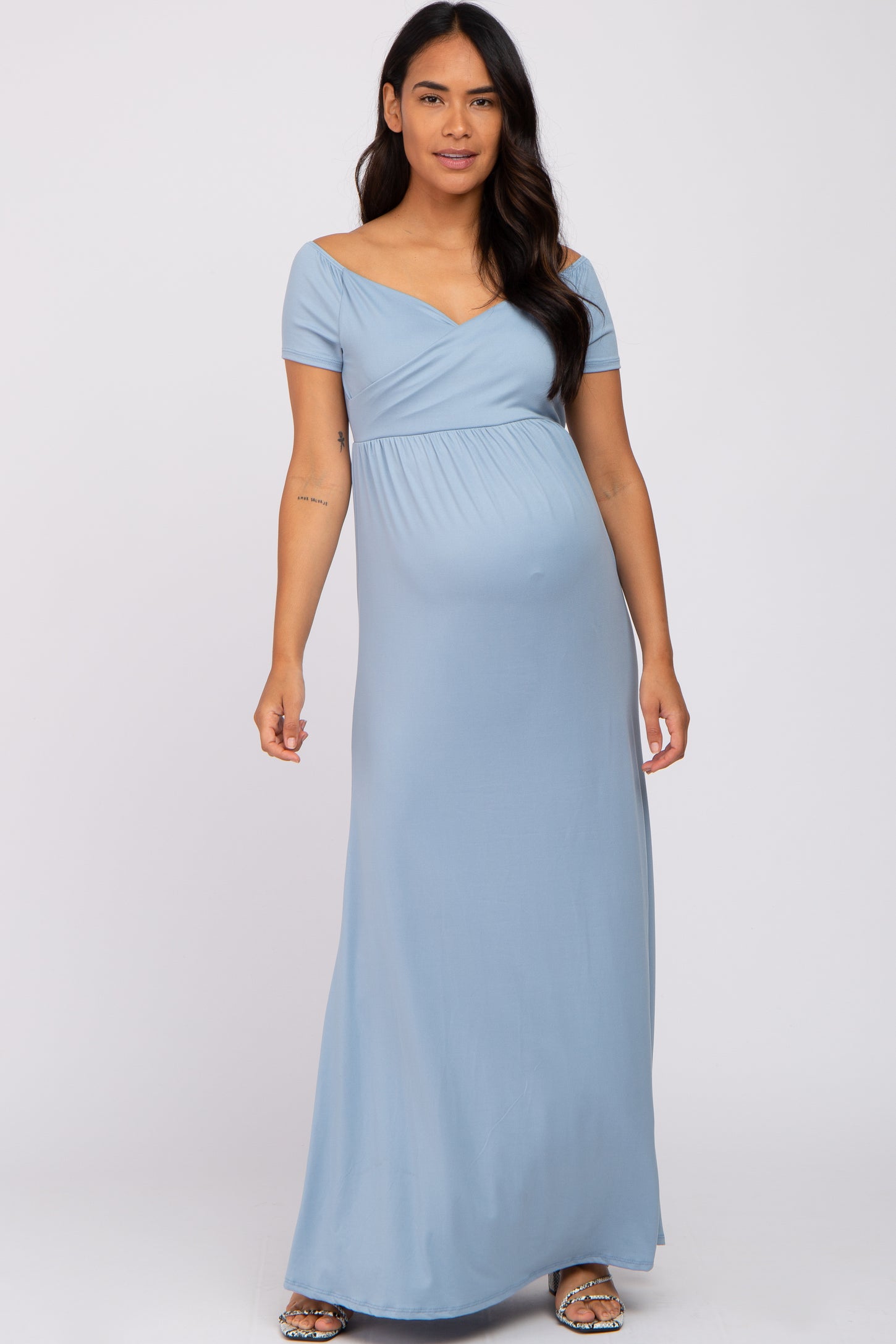 Light Blue Off Shoulder Wrap Maternity Maxi Dress – PinkBlush