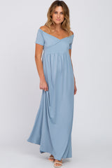 Light Blue Off Shoulder Wrap Maternity Maxi Dress