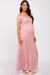 Mauve Off Shoulder Wrap Maternity Maxi Dress