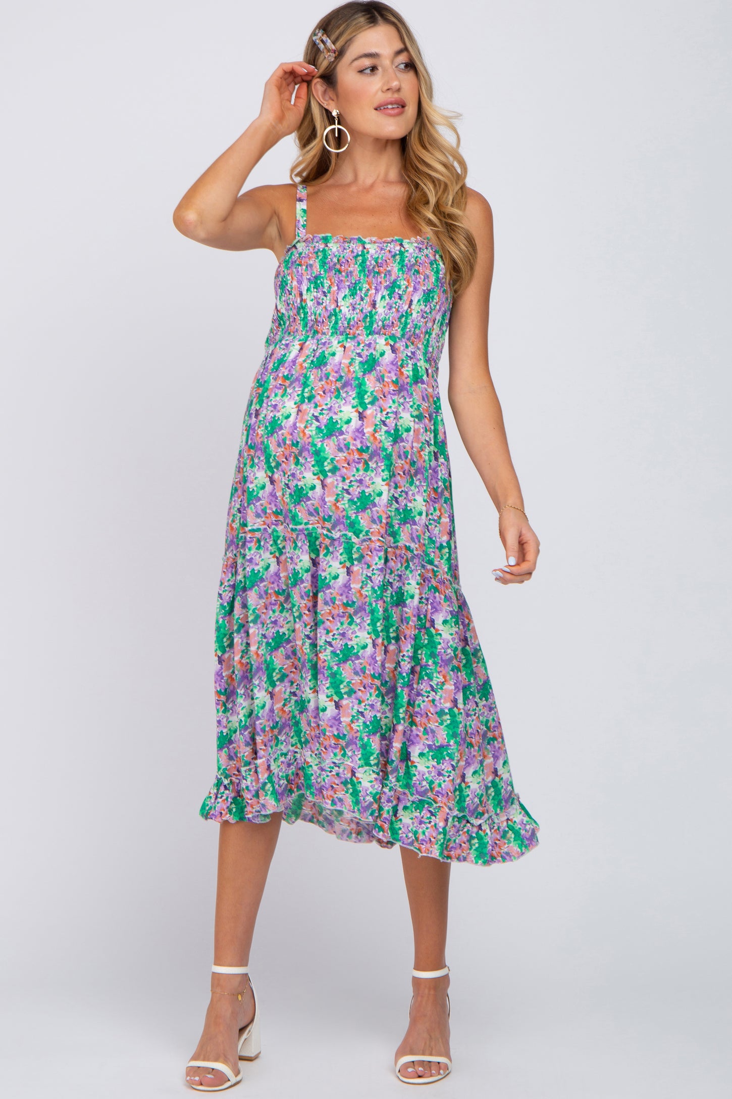 Jade Floral Smocked Ruffle Tiered Maternity Midi Dress– PinkBlush