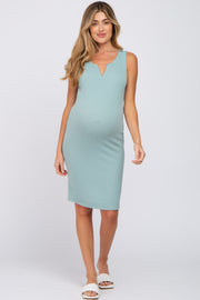 Light Green Ribbed V-Neck Maternity Dress